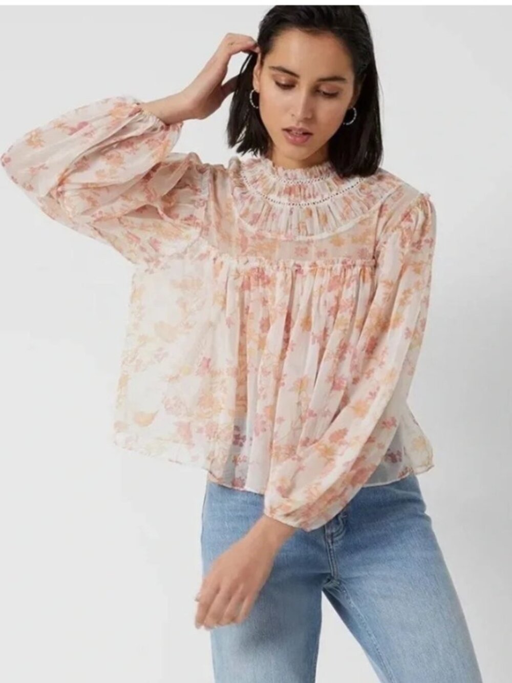French Connection Sheer Floral Smocked Neck Blouse (imperfect with tags)